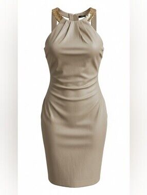 Calvin Klein Strapless Beige Satin Midi Dress W Gold Straps SZ 2